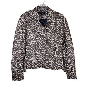 Anna Cai Woman’s Leopard Print Moto-Style Faux Leather Jacket Size XL